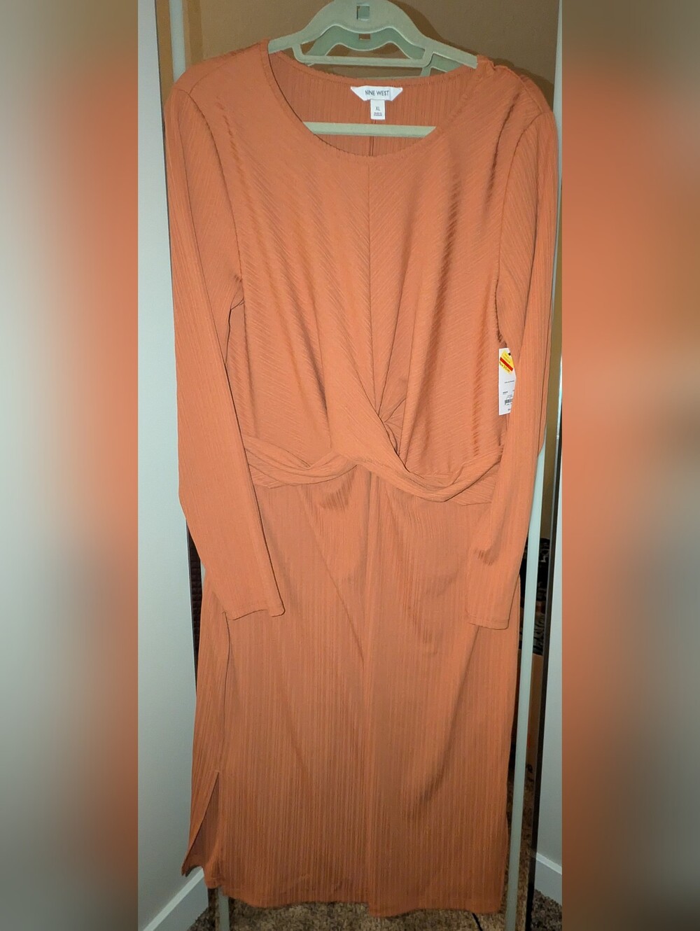 Nine West Long Sleeve Twist-Front Maxi Dress in Rust Orange